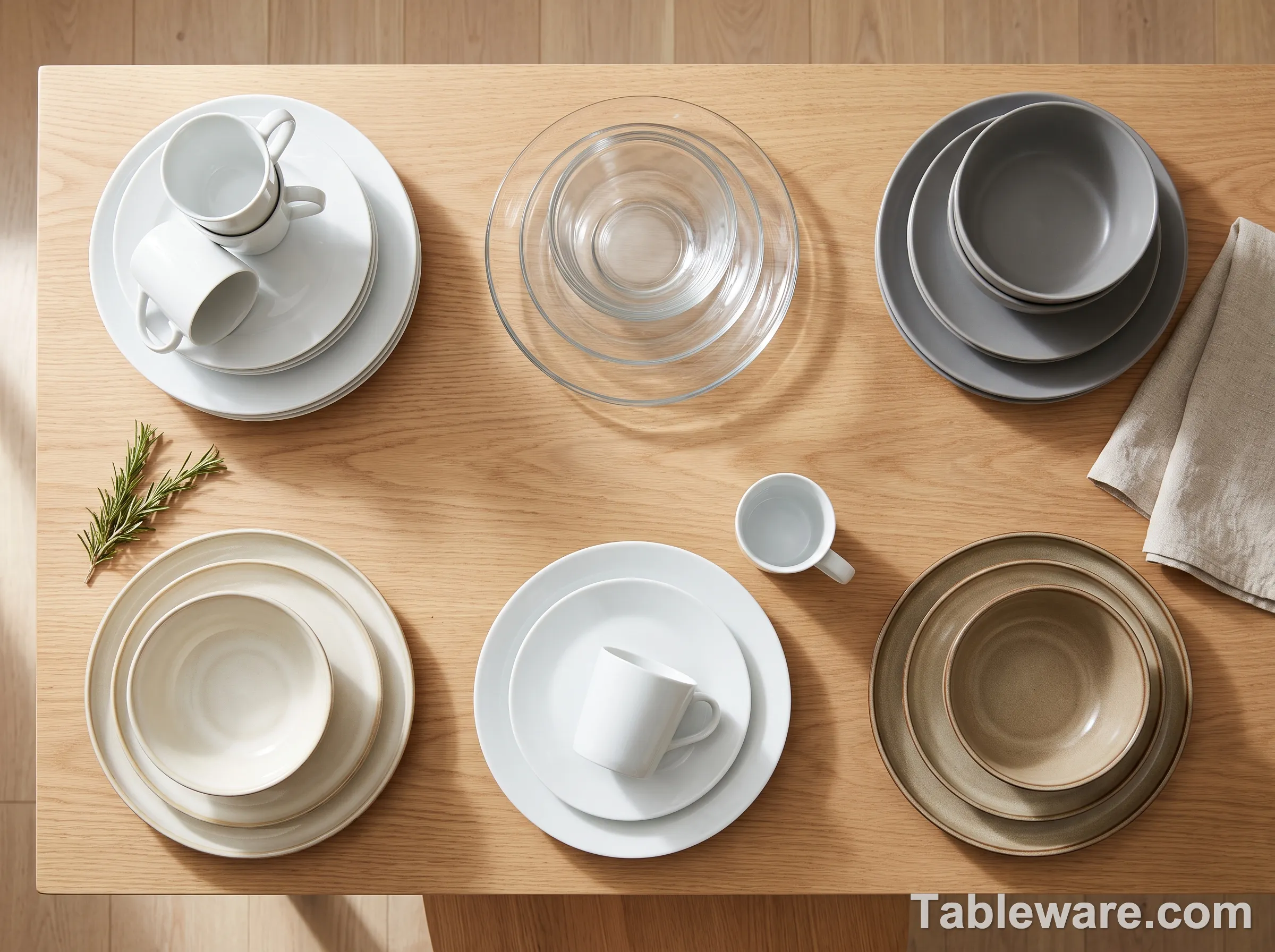Six first apartment dinnerware sets arranged on a wood table under natural light