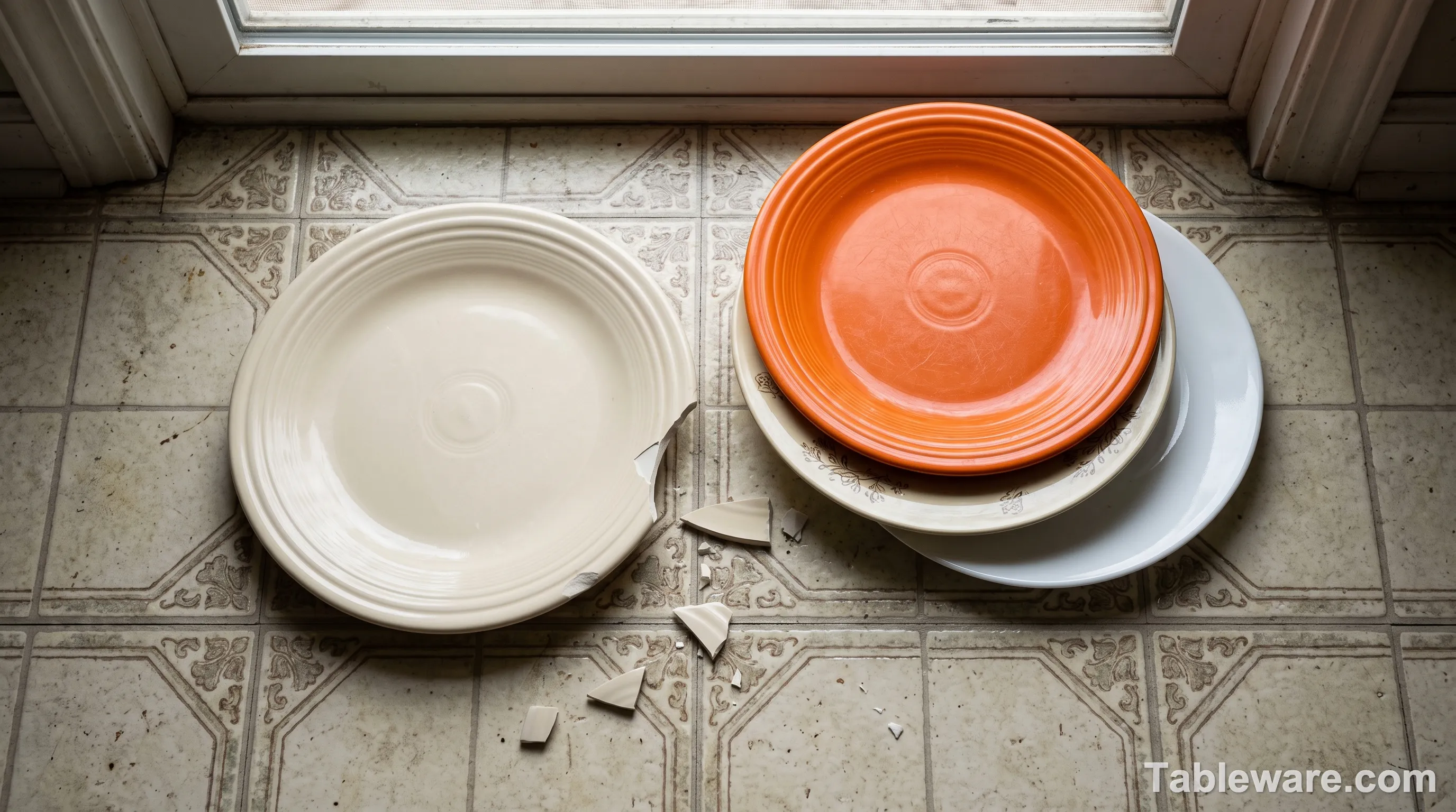 Chip test aftermath showing three surviving dinnerware sets after controlled drop tests