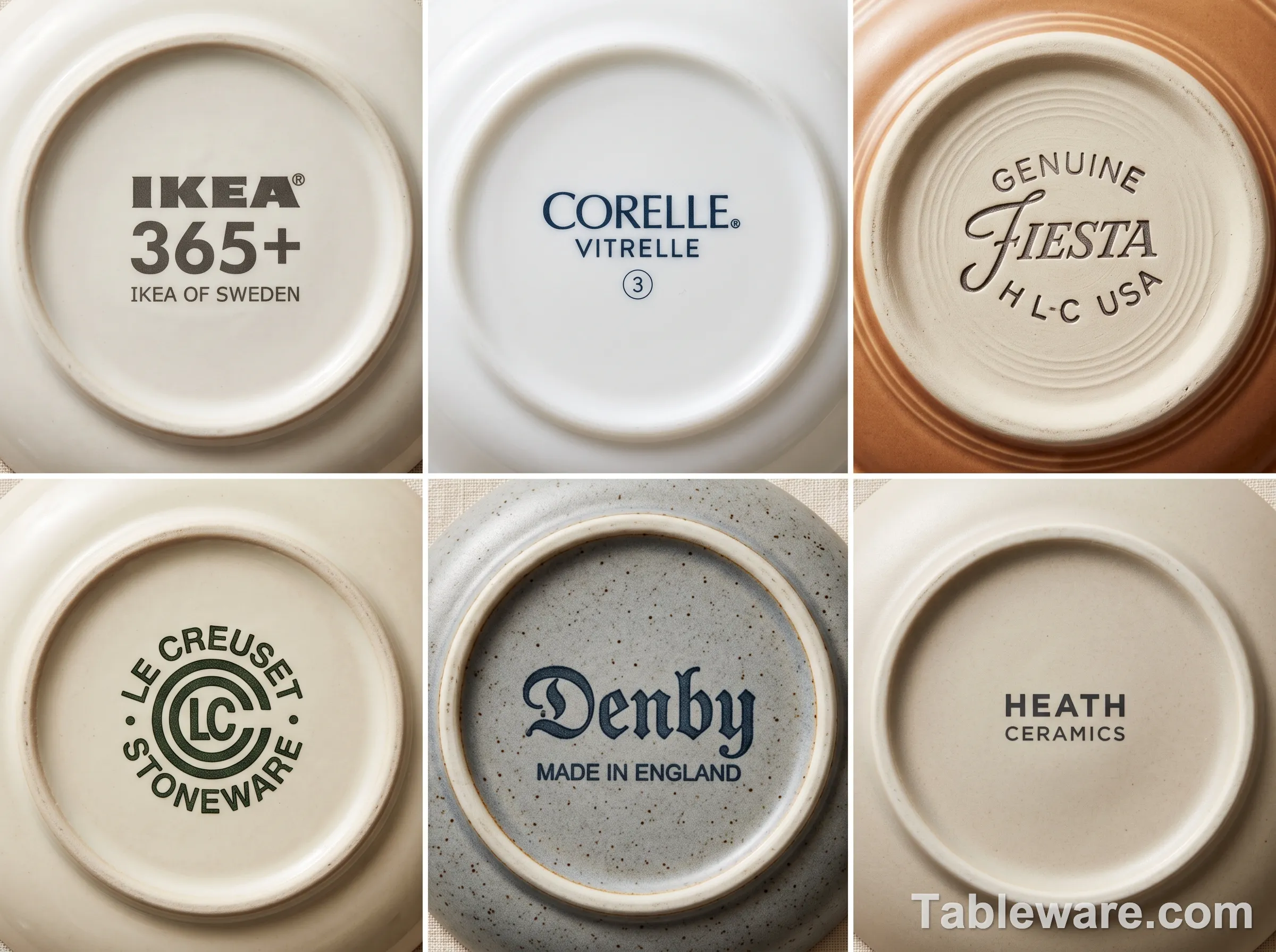 Six dinnerware backstamps from IKEA 365+, Corelle Vitrelle, Fiestaware HN, Le Creuset, Denby, and Heath Ceramics arranged in a 2x3 grid