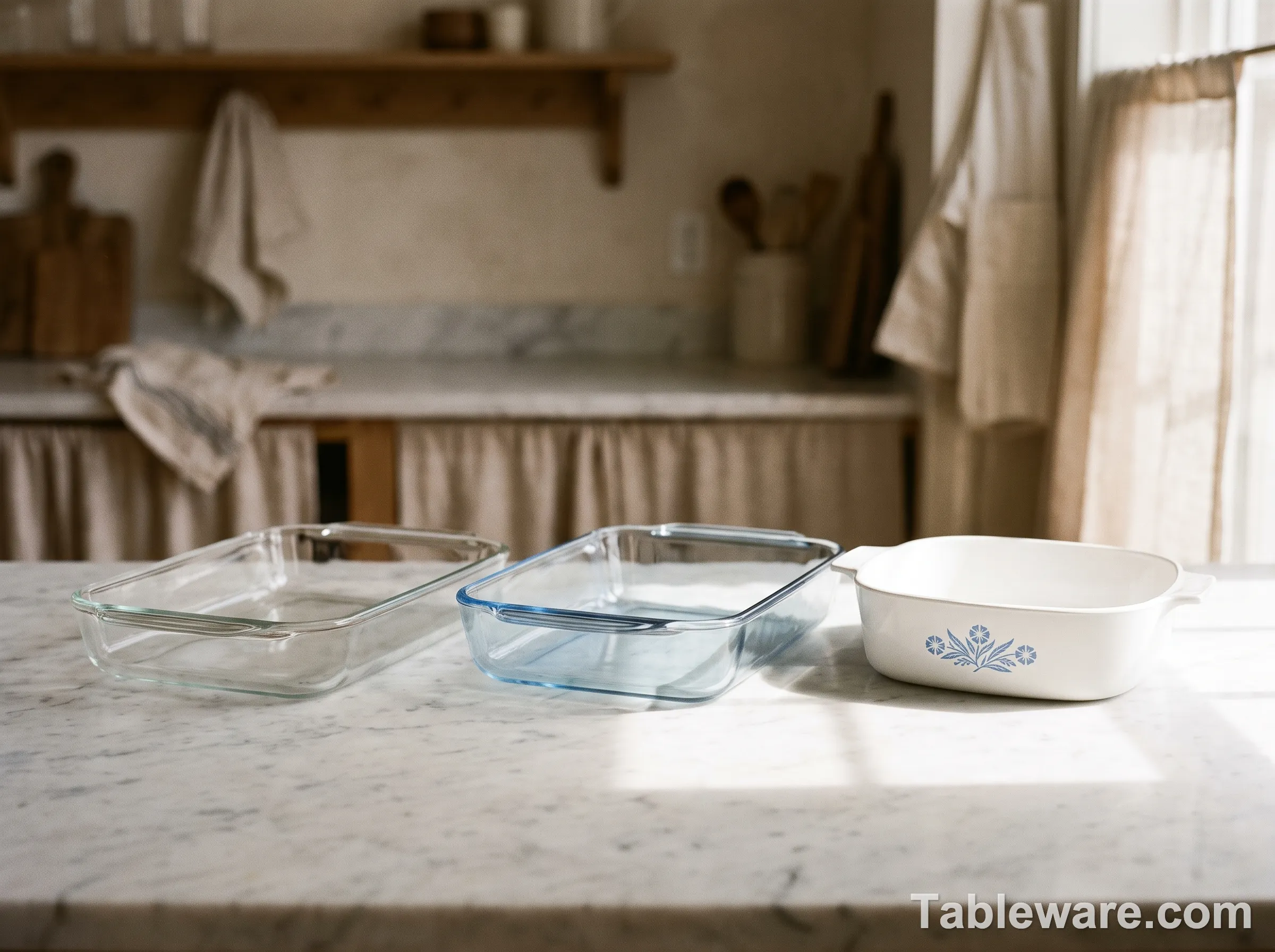Three glass baking dishes lined up showing soda-lime Pyrex borosilicate and vintage CorningWare Pyroceram