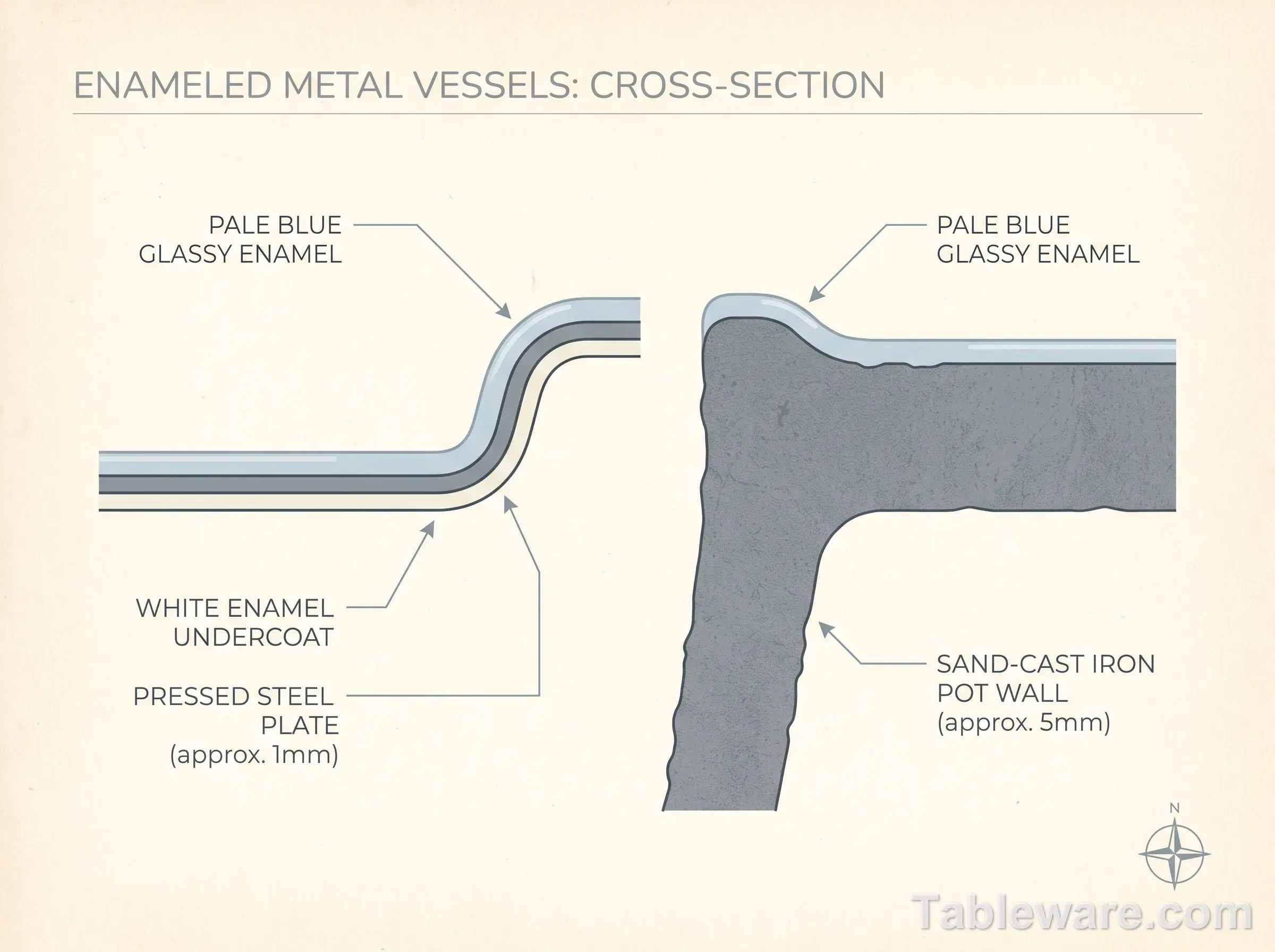 Diagram comparing enamel fused to thin pressed steel versus thick sand-cast iron