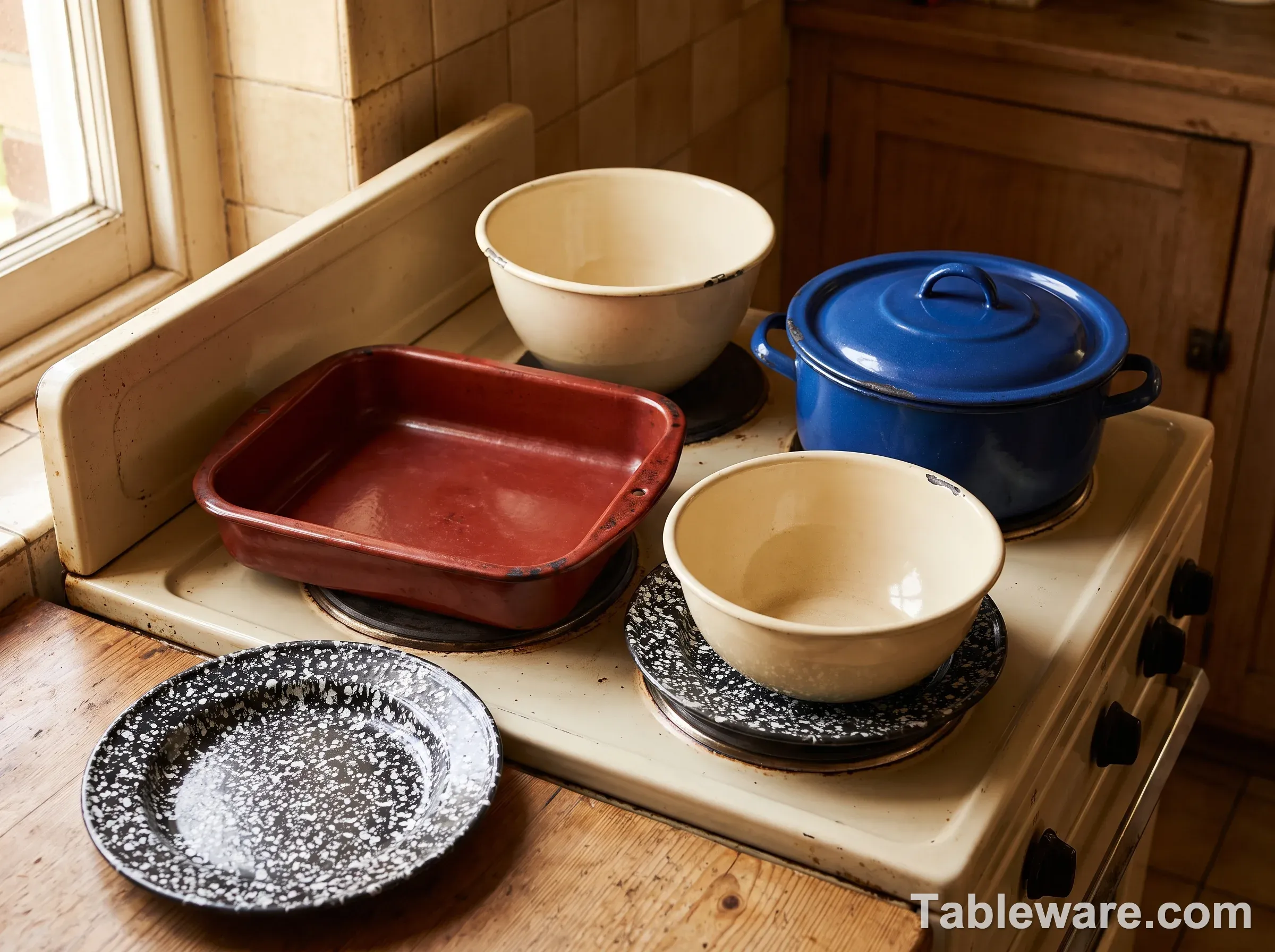 Collection of vintage enameled steel baking dishes and bowls in red, blue and cream on a stovetop
