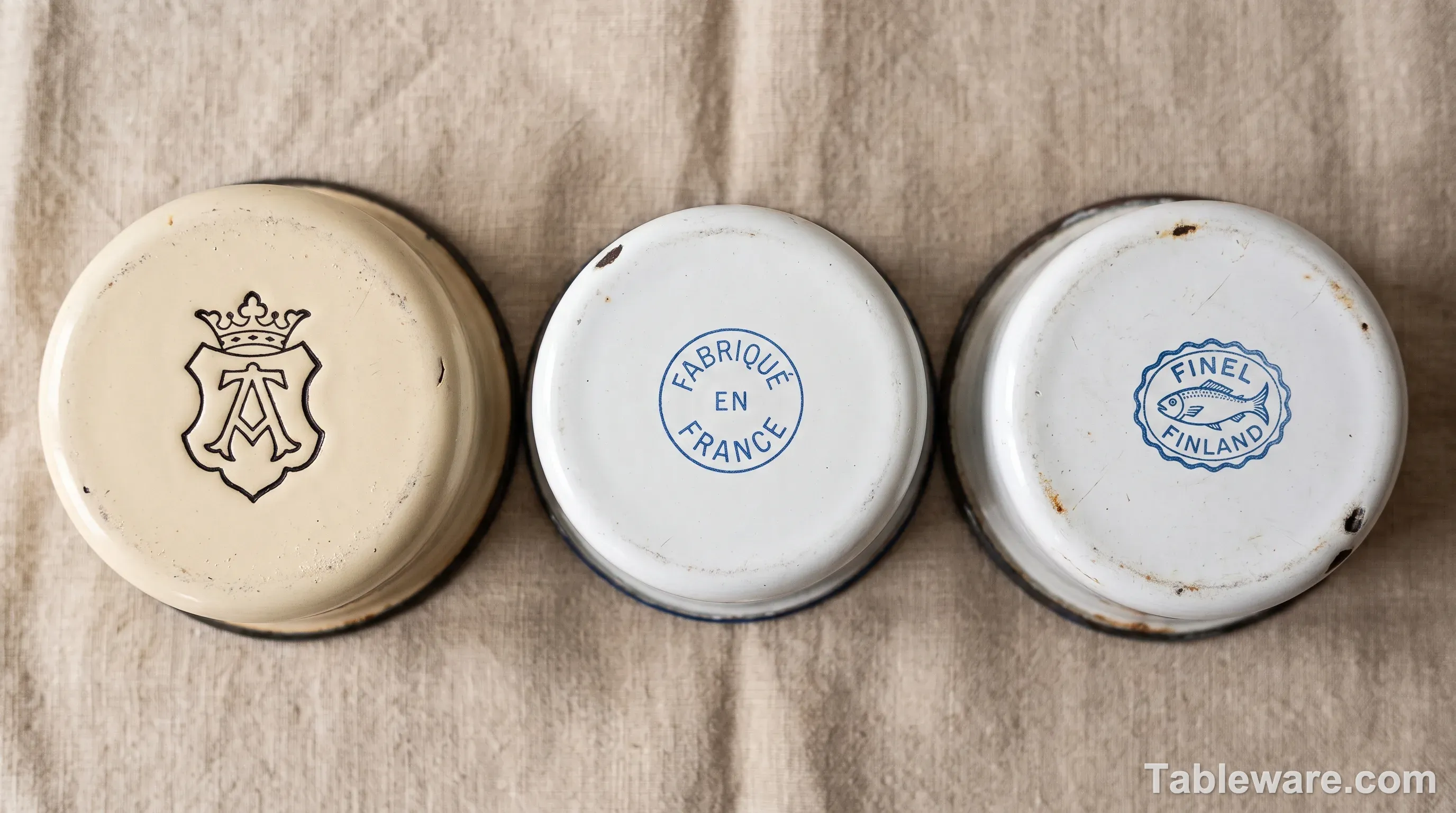 Three vintage enamel backstamps on the underside of pieces showing Riess, Falcon and Arabia marks