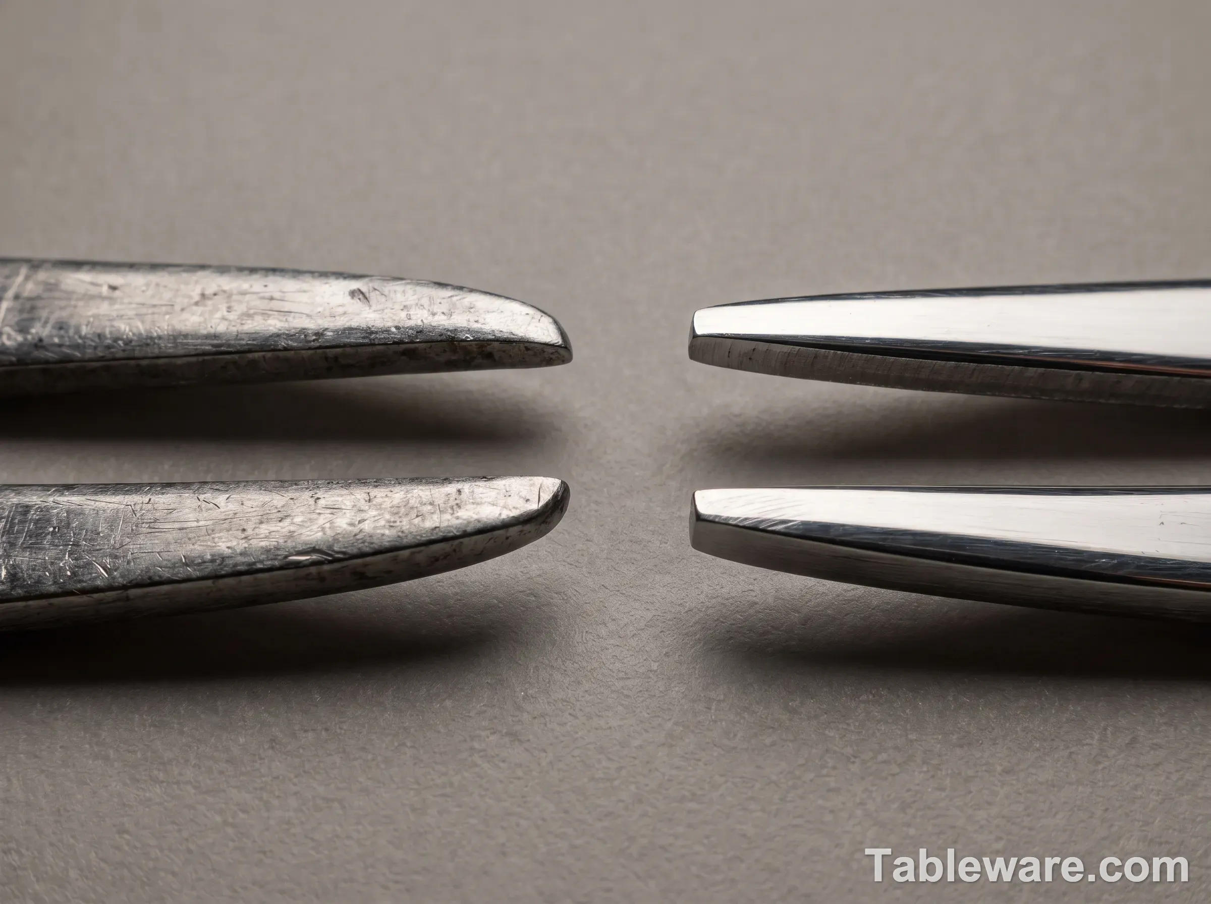 Close-up of a worn dinner fork tine next to a pristine one