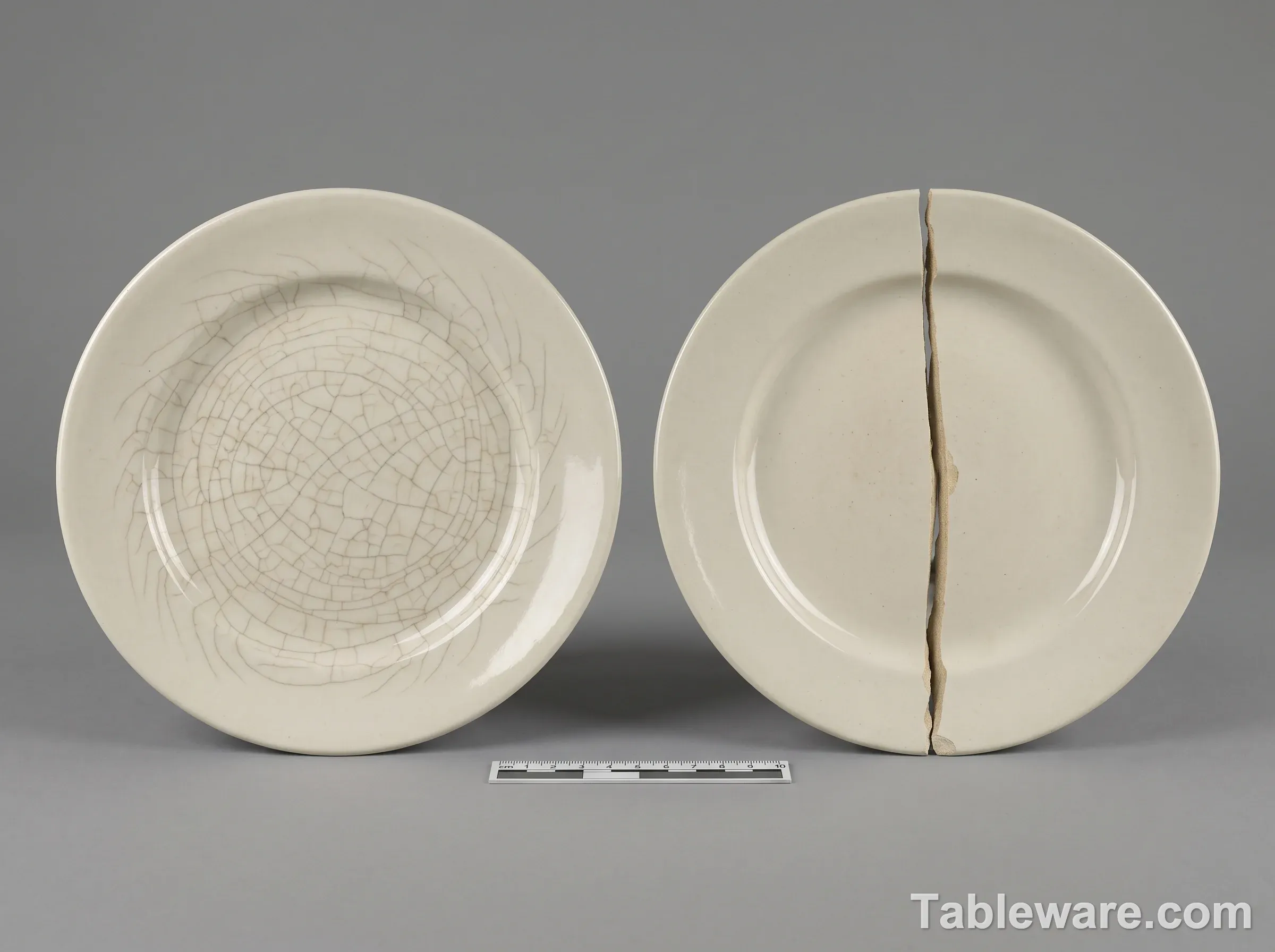 Two plates side by side: one with a fine surface crackle network in the glaze, one with a single deep fracture running through the ceramic body