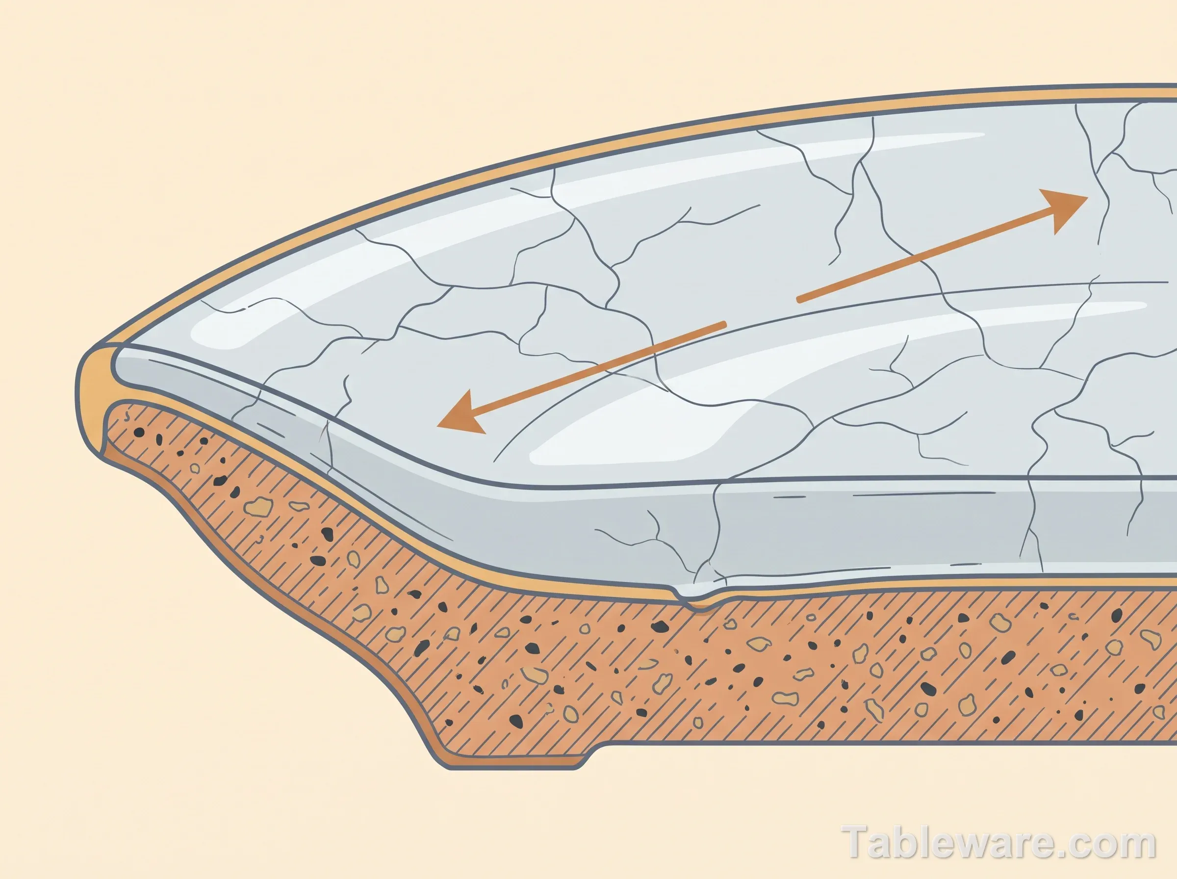 Cross-section illustration of a glazed ceramic plate showing the glaze layer crackling while the clay body beneath stays intact, with arrows indicating differential expansion
