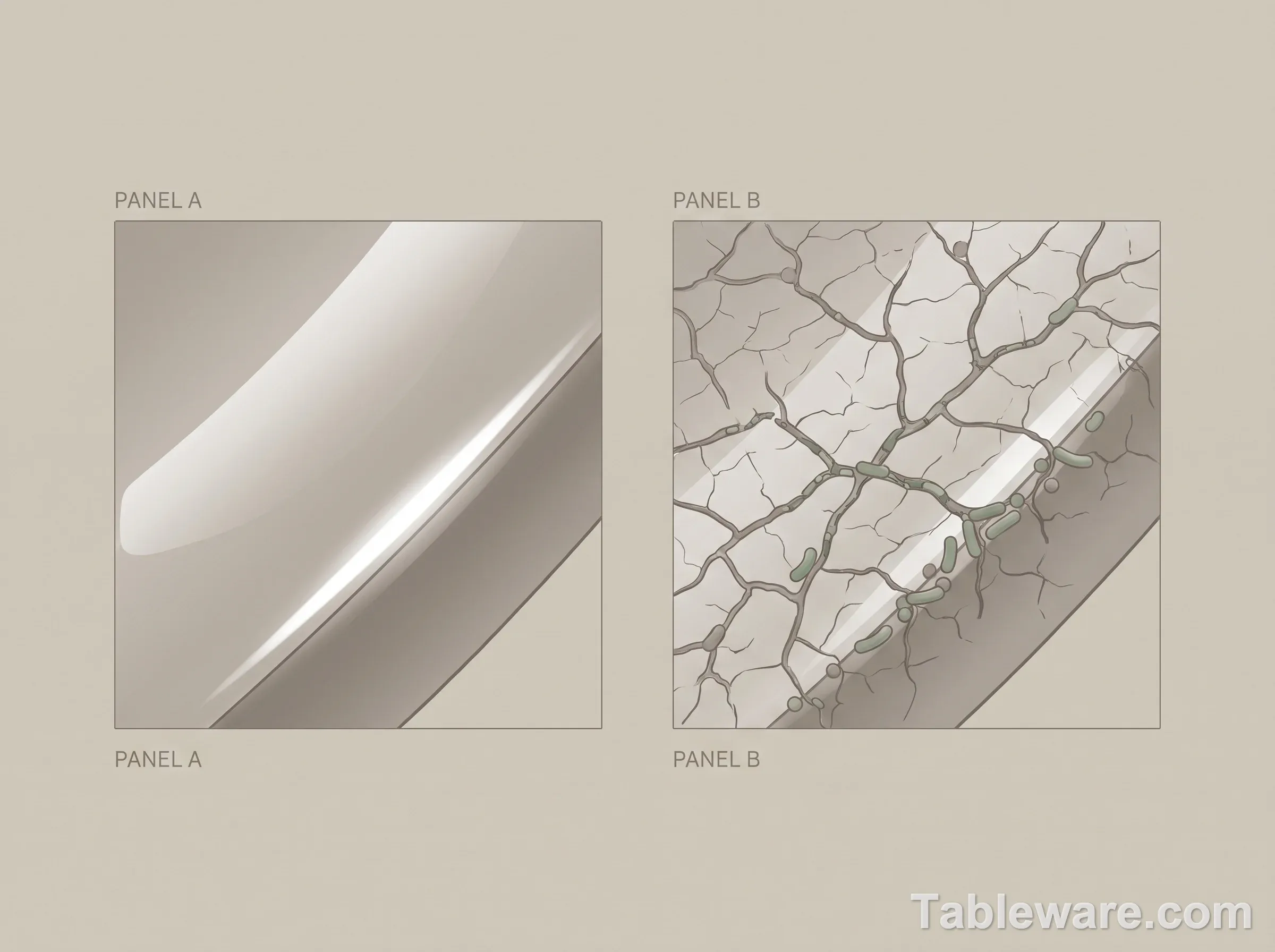 Illustration comparing a perfectly smooth glossy glaze surface with a crazed surface where small rod-shaped and spherical forms sit inside the crack lines