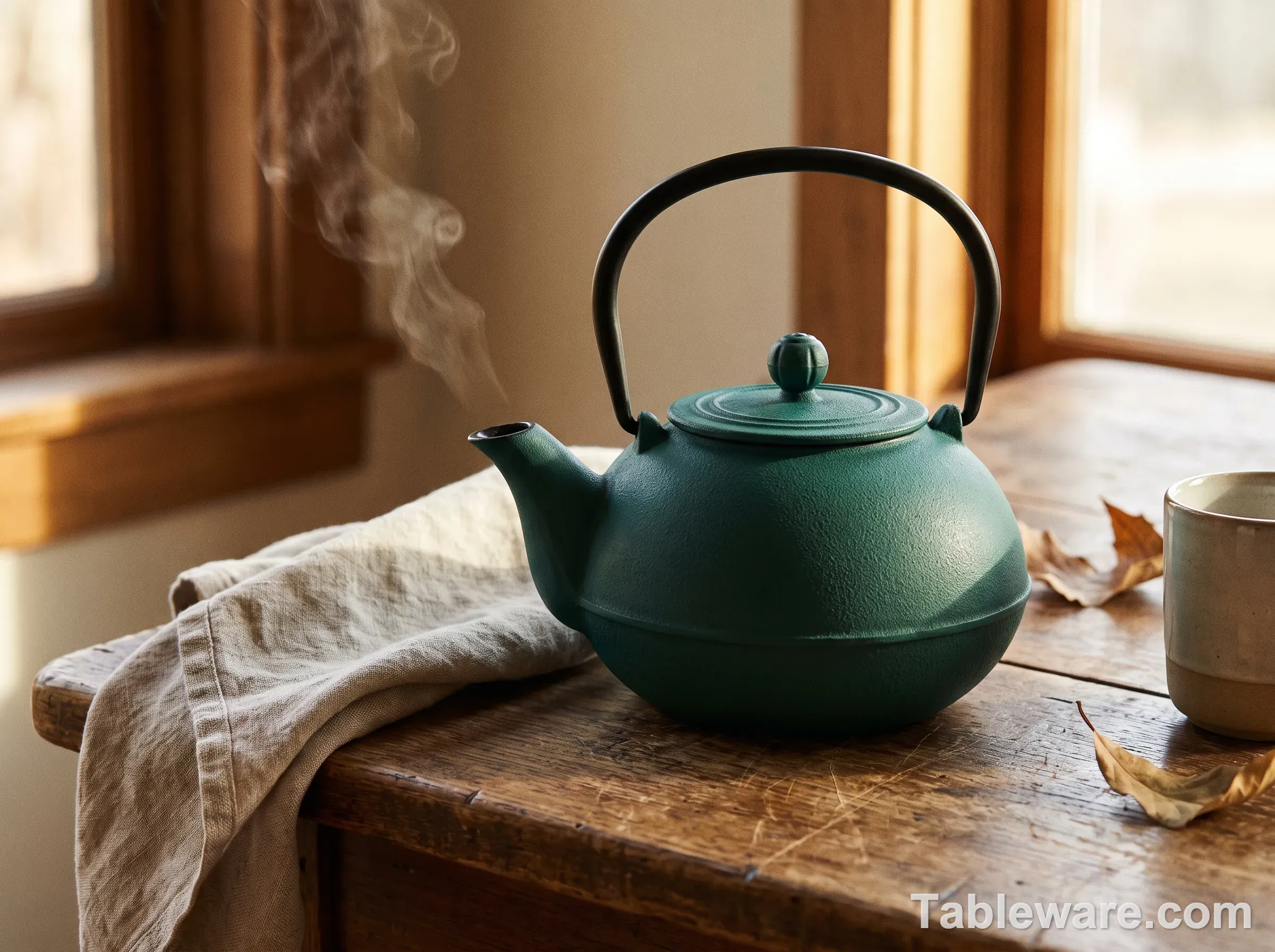 A matte enameled cast iron teapot in deep teal green on a weathered oak table, thin steam rising from the spout, folded linen cloth beside it