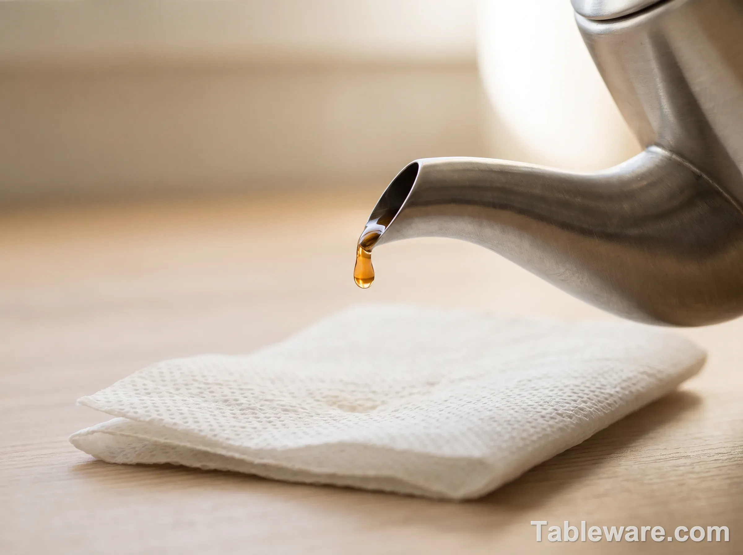 Close-up of a brushed stainless steel teapot spout above a folded white paper towel, a single bead of amber tea forming at the spout tip
