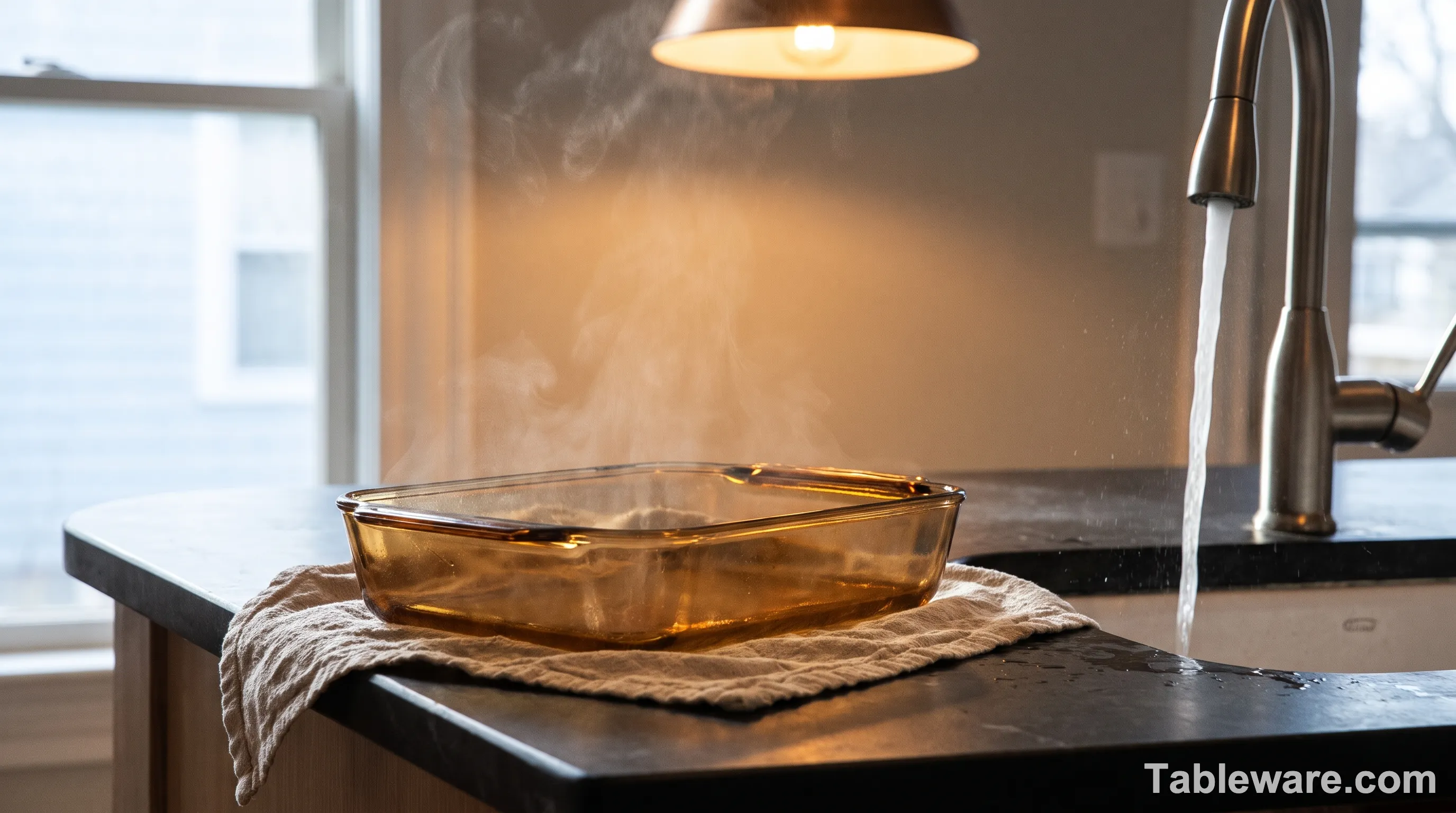 A hot amber glass baking dish resting on a folded cotton cloth on a dark stone counter with cold water being poured nearby into a sink, mixed cool blue window light and warm lamp light, editorial kitchen safety scene