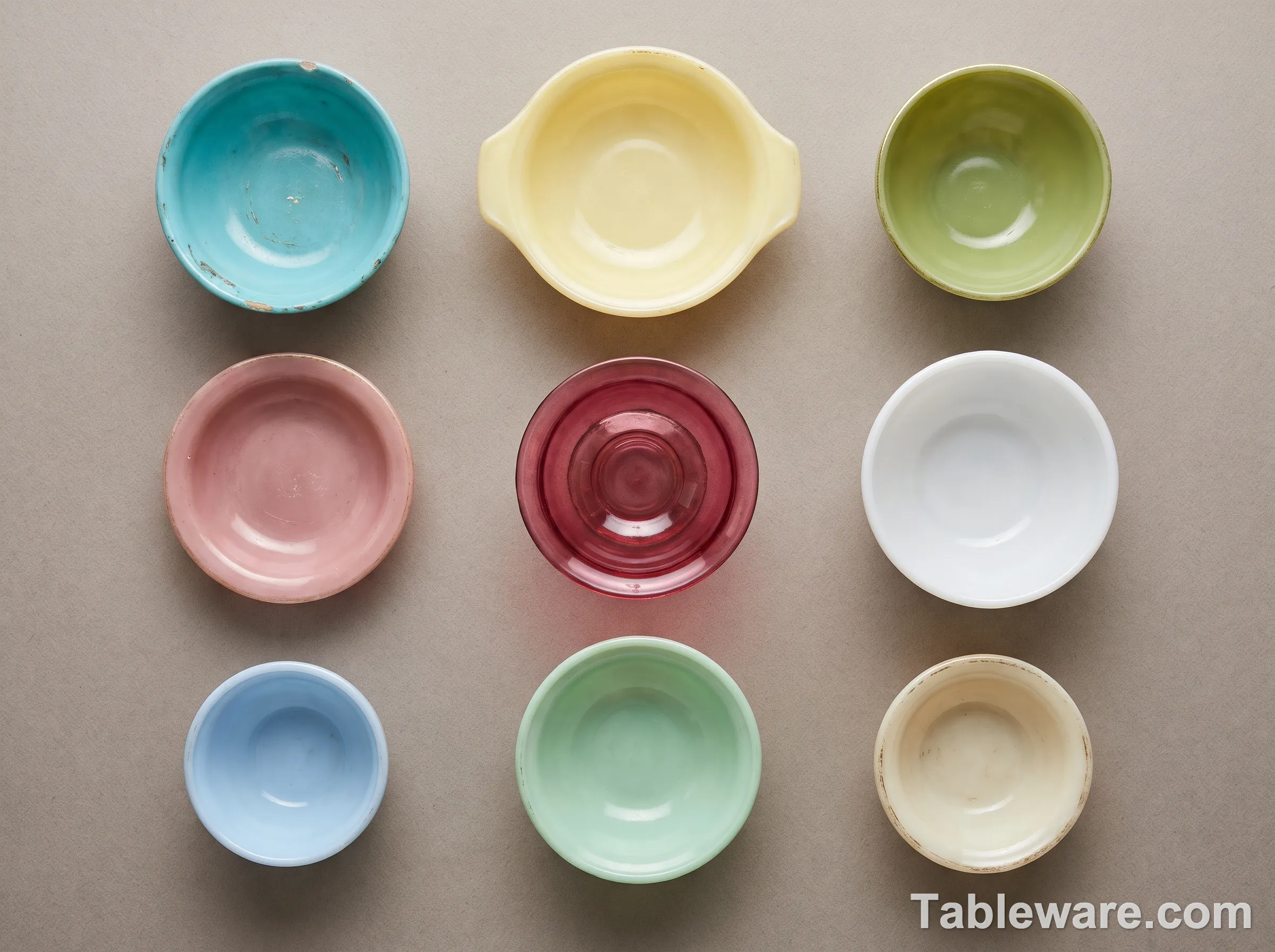Flat lay grid of nine vintage opal glass bowl and dish pieces in different faded painted colorways including turquoise, butter yellow, avocado green, dusty pink and plain white on a warm grey paper background, soft even overhead light