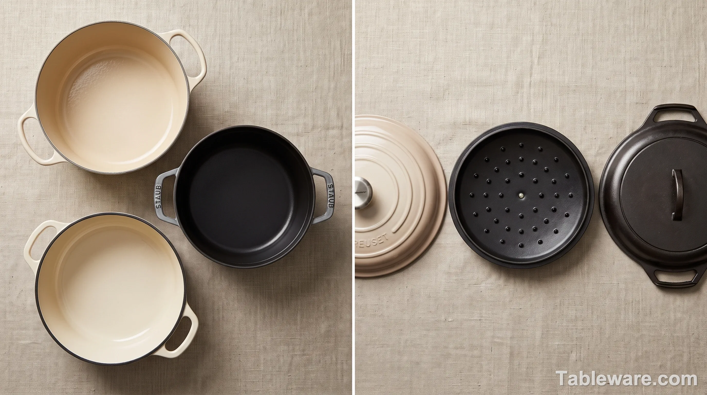 A two-panel editorial photograph. Left panel: Three Dutch oven interiors shown open from above — Le Creuset cream sand interior, Staub black matte interior with self-basting spikes visible on the inverted lid above, Lodge cream interior enameled. Right panel: Close-up of the three lids arranged in a row showing the Le Creuset smooth dome, the Staub spike pattern, and the Lodge cast iron loop-handle lid.