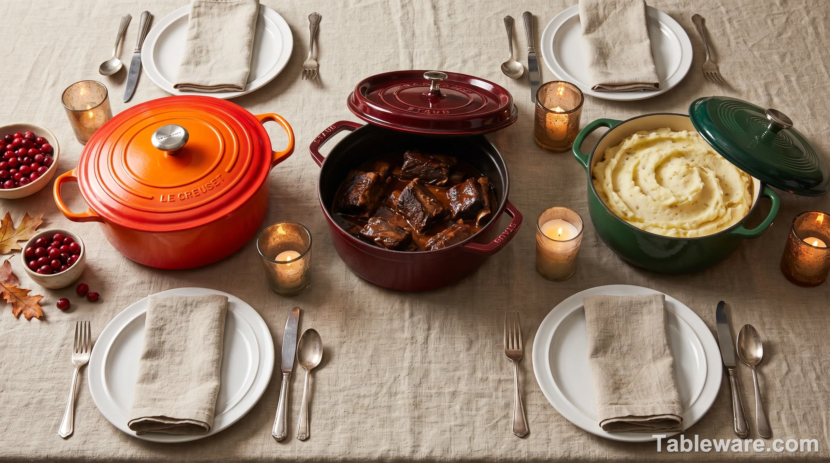 A Thanksgiving-style dinner table setting with three place settings and three Dutch ovens as the centerpiece: the Staub Grenadine 5.5 qt open and holding braised short ribs, the Le Creuset Flame 7 qt closed, the Lodge 6 qt enameled open and holding mashed potatoes. Warm autumn light, neutral linen tablecloth, no people.